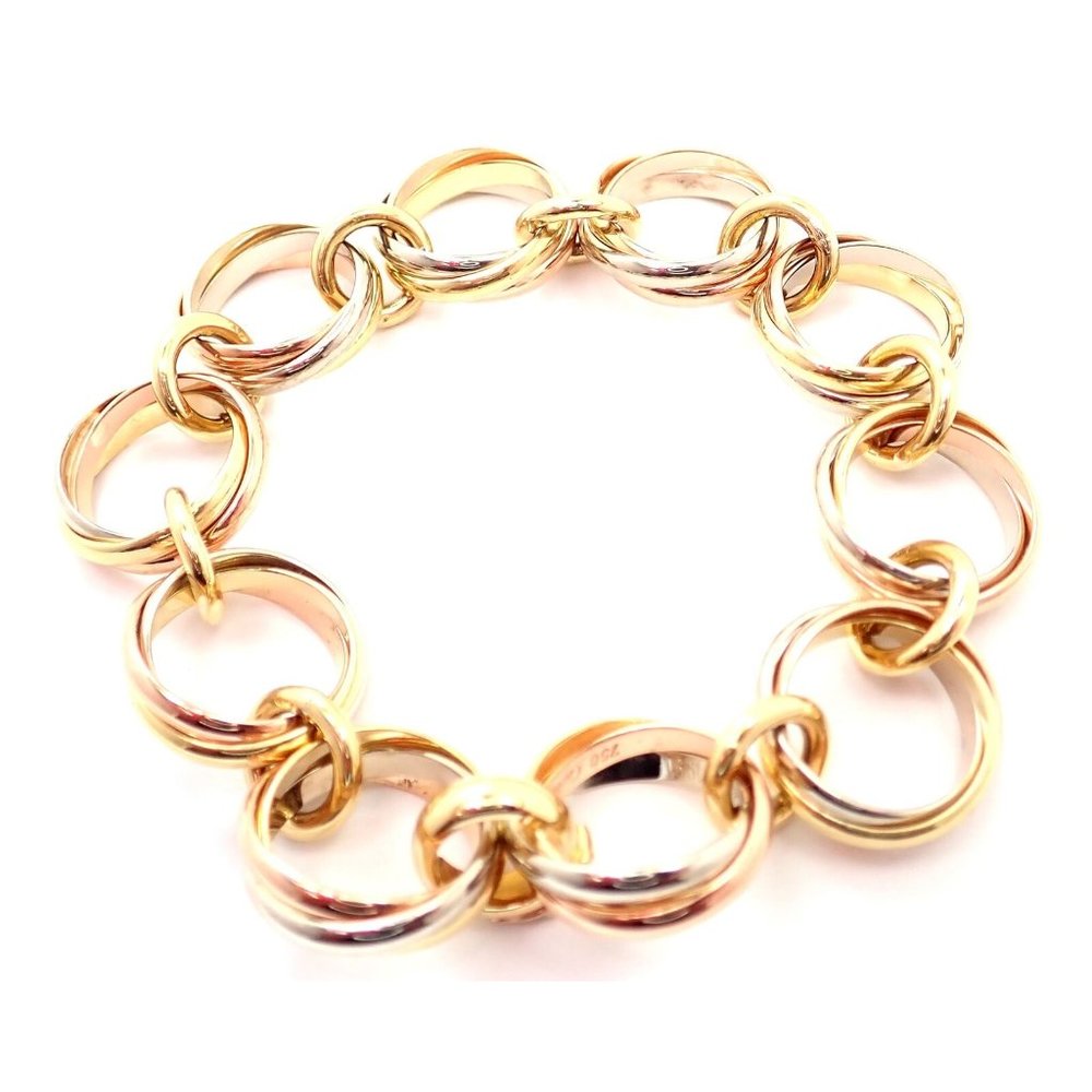 Authentic! Cartier Trinity 18k Multi Color Gold Round Wide Link Bracelet